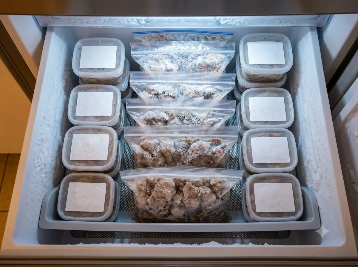 Portionsförpackat färskfoder i frysen inför utfodring