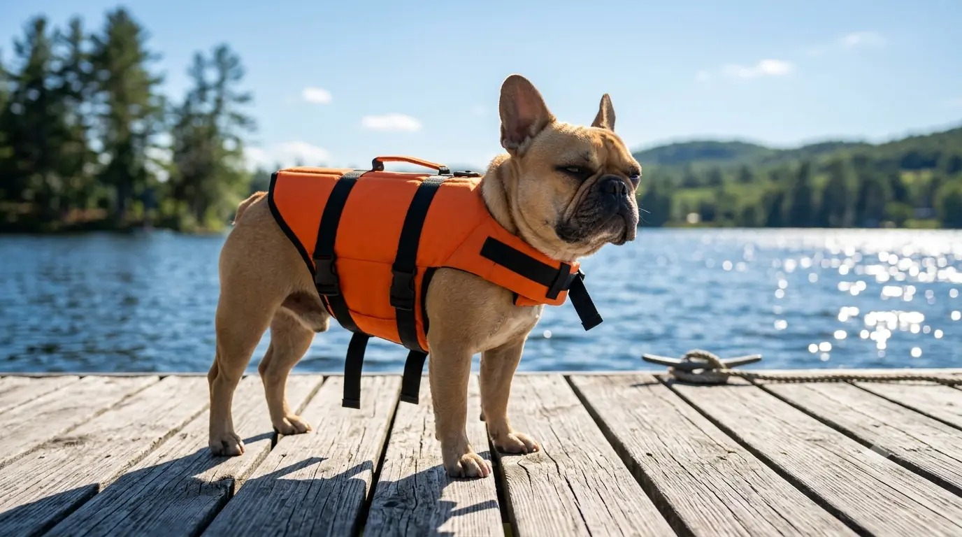 Fransk bulldogg i flytväst på brygga vid vattnet