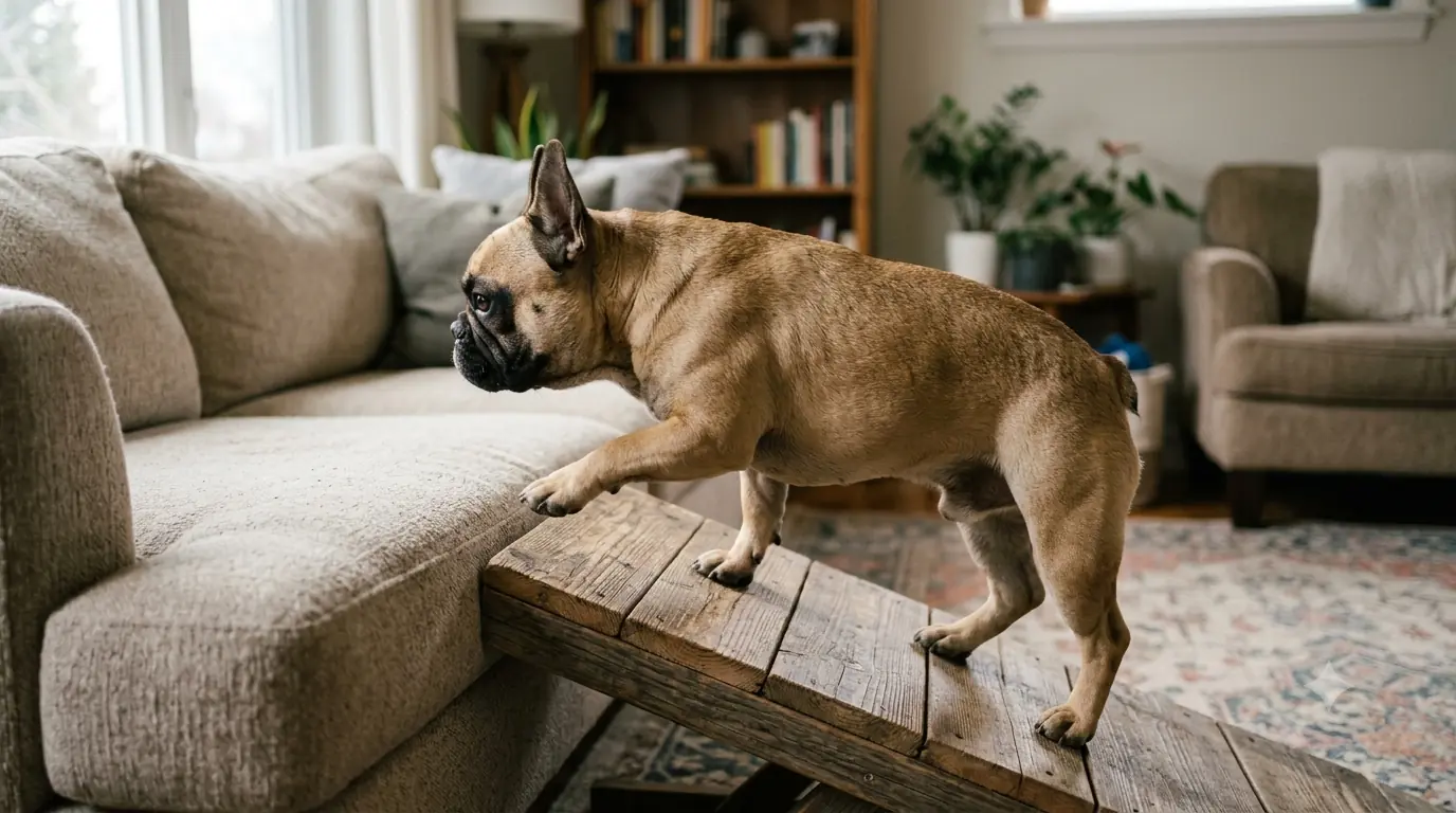 Fransk bulldogg går uppför ramp till soffan istället för att hoppa