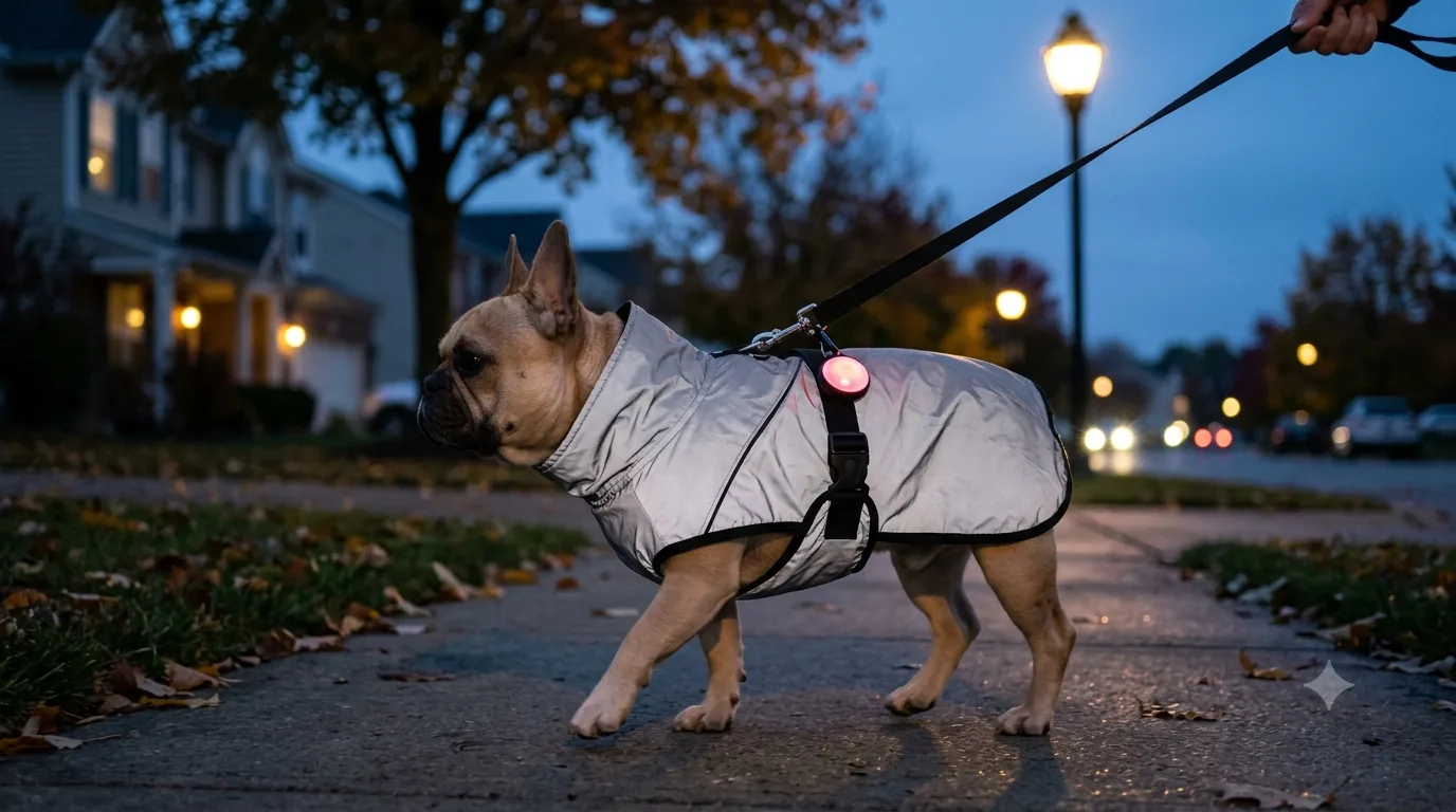 Fransk bulldogg i reflekterande täcke med LED-blinkare under kvällspromenad