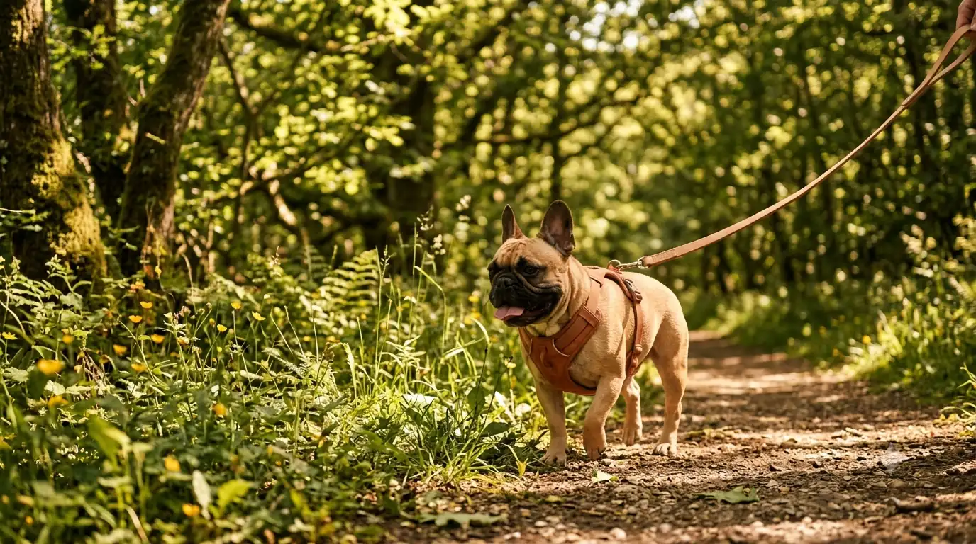 Fransk bulldogg i skogsbryn under promenad, fästingskydd i vardagen