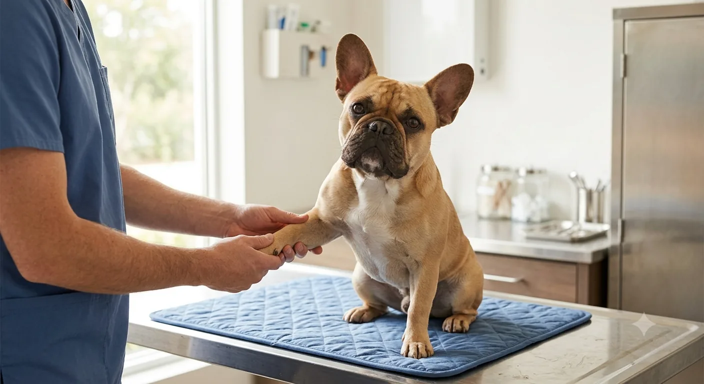 Fransk bulldogg undersöks på veterinärklinik