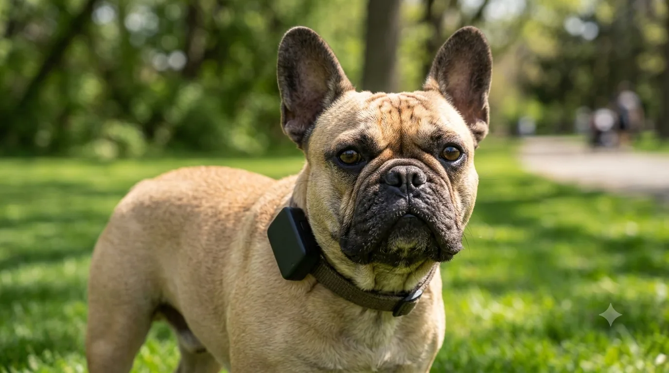 Fransk bulldogg med GPS-spårare fäst på halsbandet utomhus