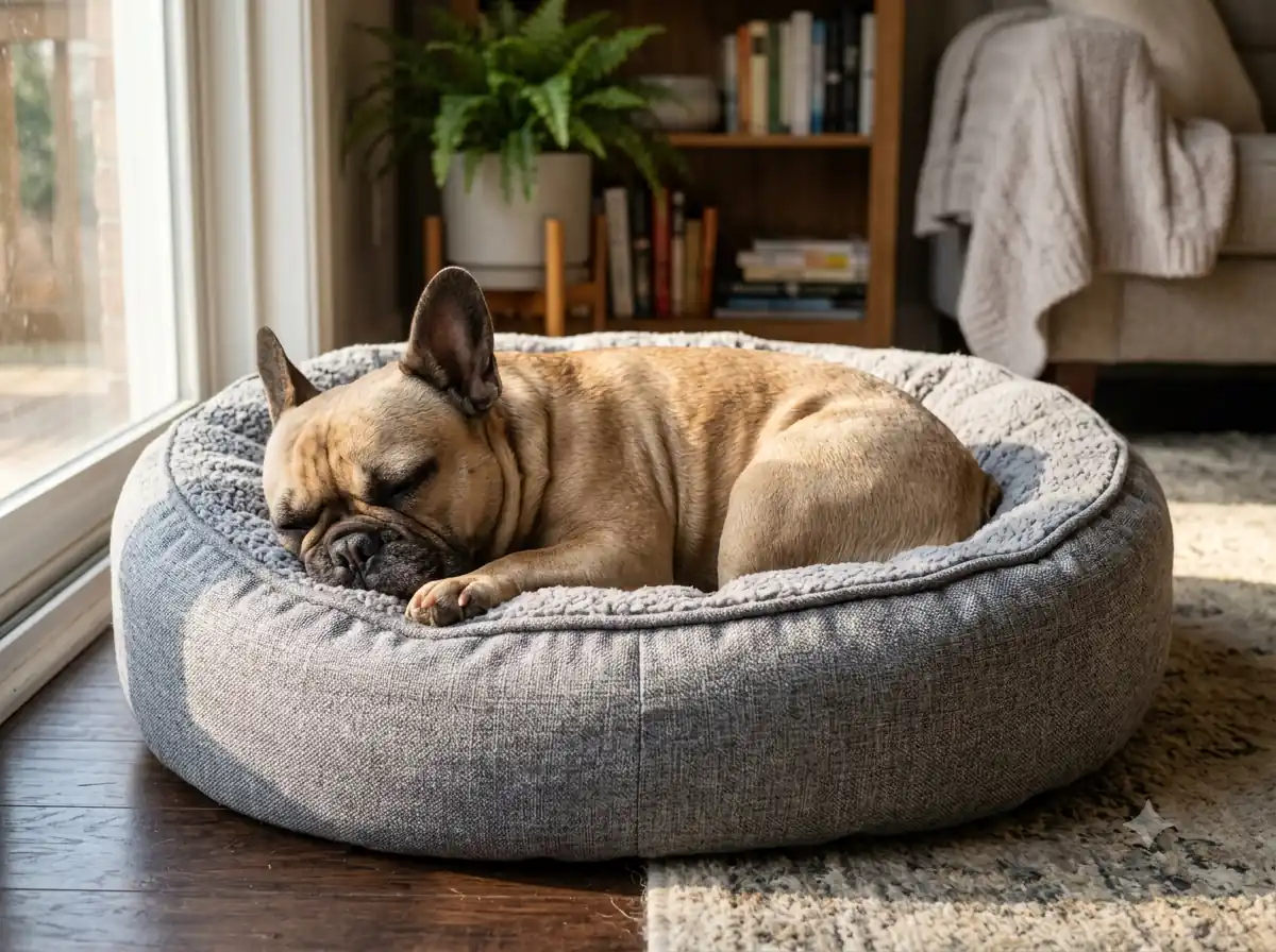 Fransk bulldogg vilar i mjuk bäddstol med höga kanter